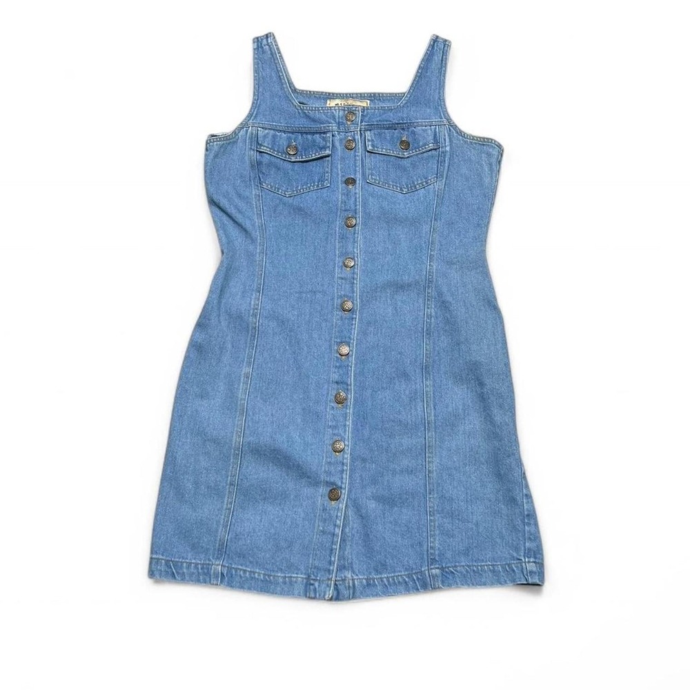 Tickets Denim‎ Dress Womens 13/14 Blue Vintage Button Front Mini Pinafore USA